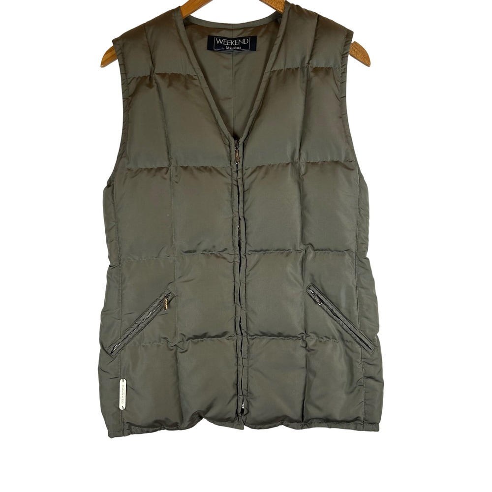 Weekend by Max Mara Women Olive Green Quilted Puffer Vest V-Neck Zip Front Sz 10
